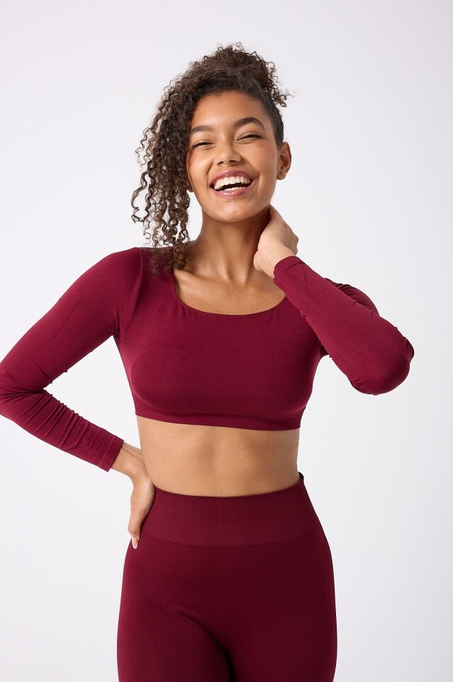 Kare Yaka Uzun Kollu Crop Top Seamless
