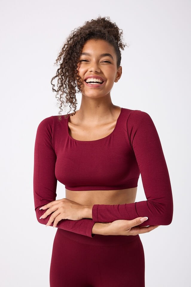 Kare Yaka Uzun Kollu Crop Top Seamless