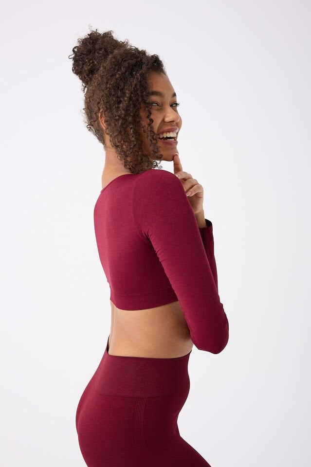 Kare Yaka Uzun Kollu Crop Top Seamless