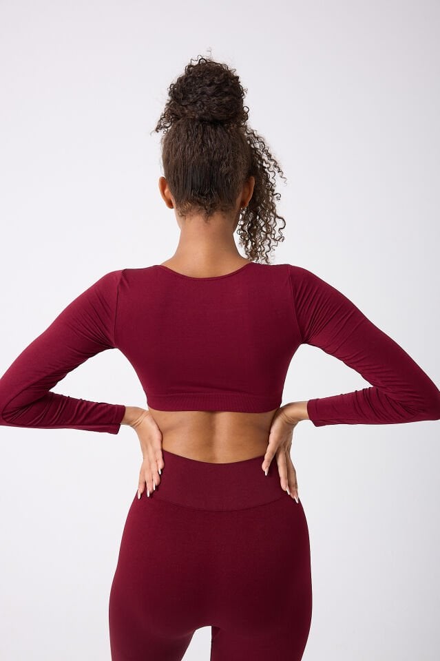 Kare Yaka Uzun Kollu Crop Top Seamless