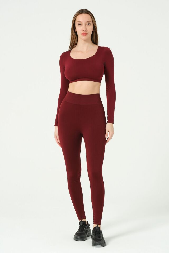 Kare Yaka Uzun Kollu Crop Top Seamless