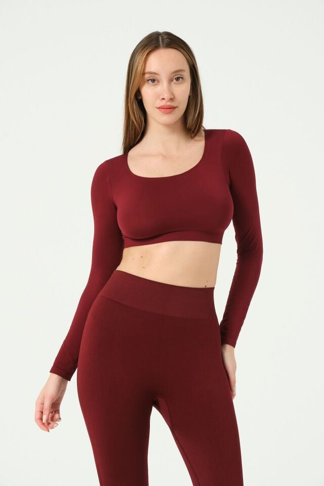Kare Yaka Uzun Kollu Crop Top Seamless