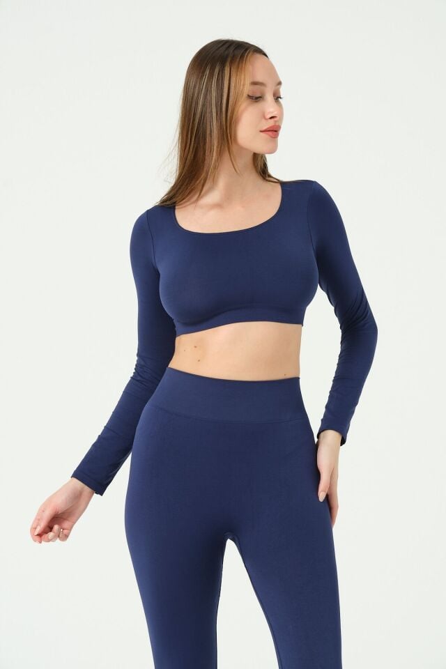 Kare Yaka Uzun Kollu Crop Top Seamless