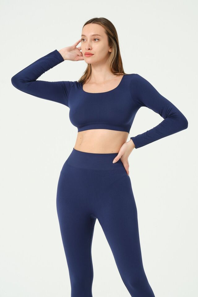 Kare Yaka Uzun Kollu Crop Top Seamless