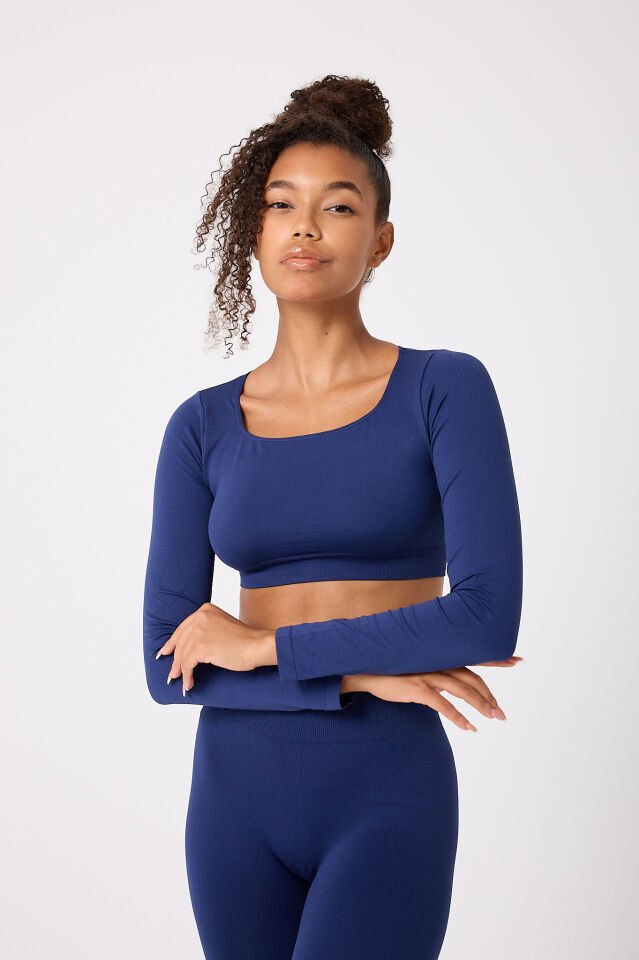 Kare Yaka Uzun Kollu Crop Top Seamless