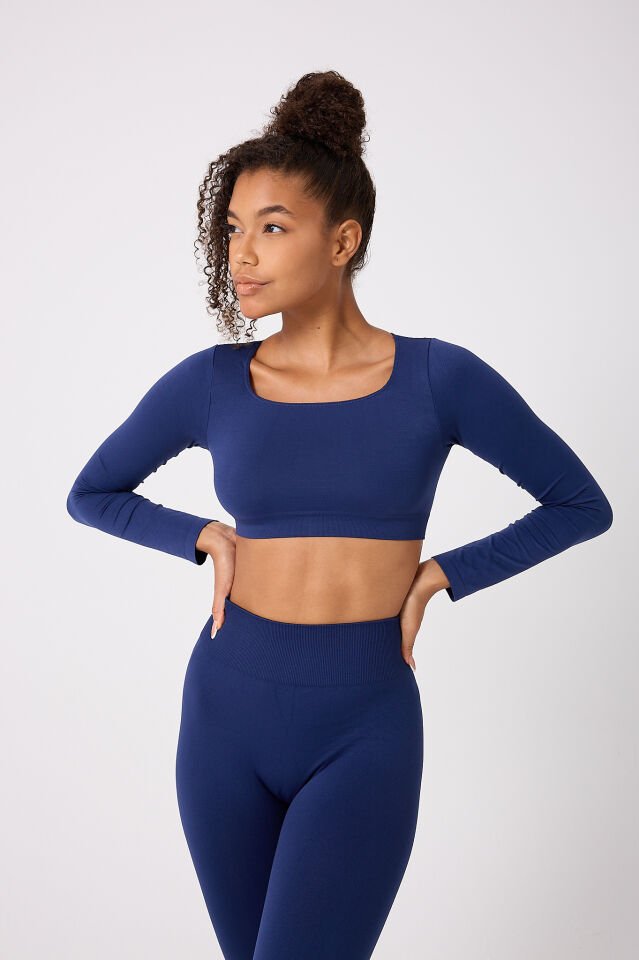 Kare Yaka Uzun Kollu Crop Top Seamless