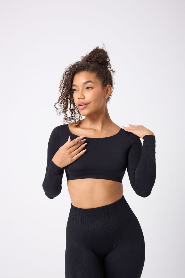 Kare Yaka Uzun Kollu Crop Top Seamless