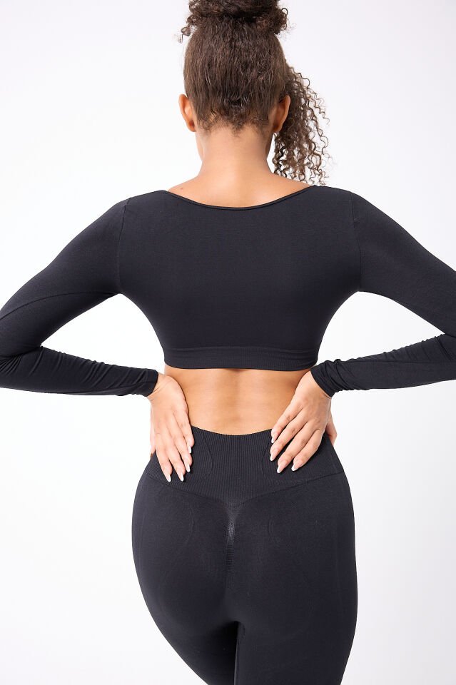 Kare Yaka Uzun Kollu Crop Top Seamless