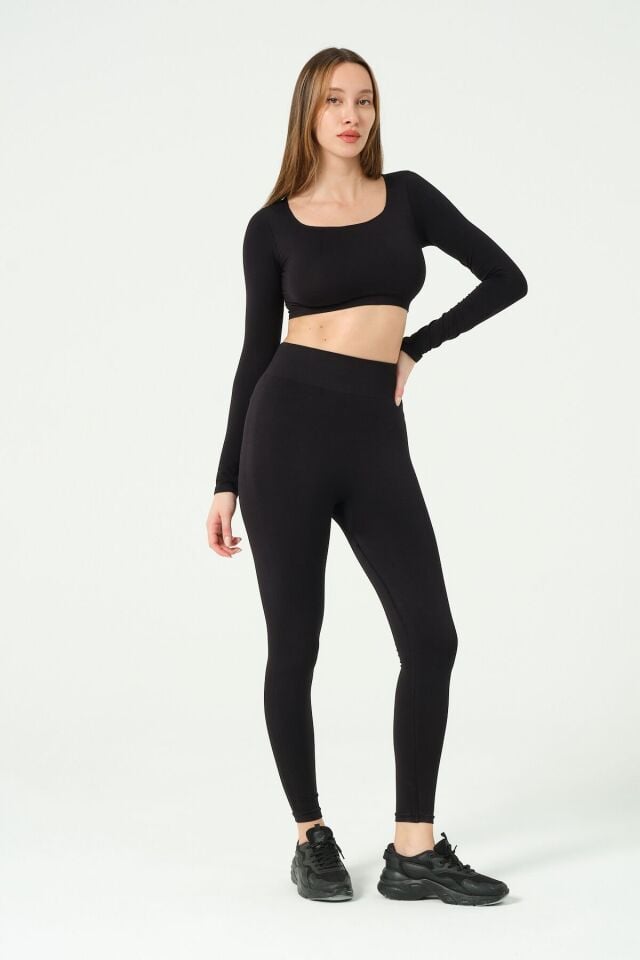 Kare Yaka Uzun Kollu Crop Top Seamless