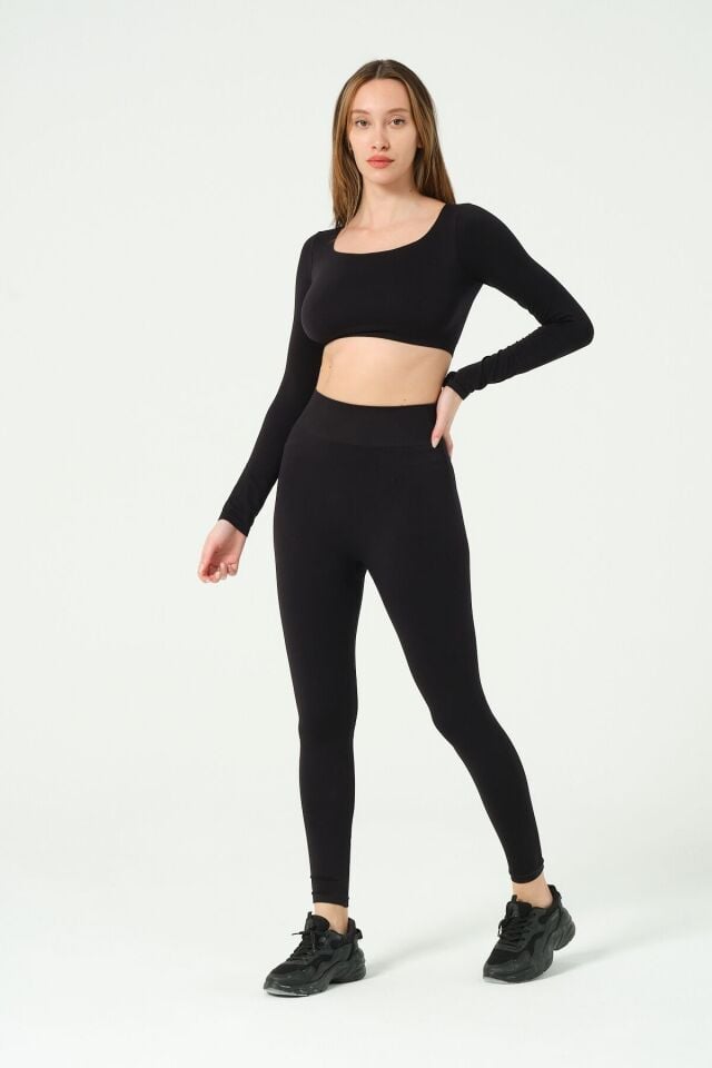Kare Yaka Uzun Kollu Crop Top Seamless