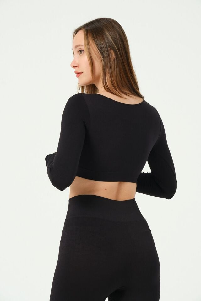 Kare Yaka Uzun Kollu Crop Top Seamless