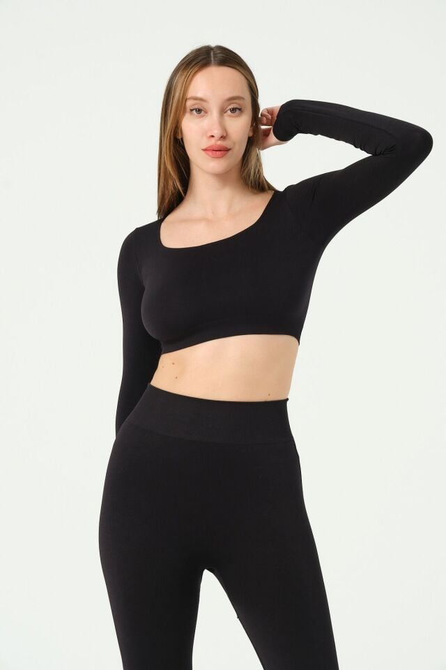Kare Yaka Uzun Kollu Crop Top Seamless