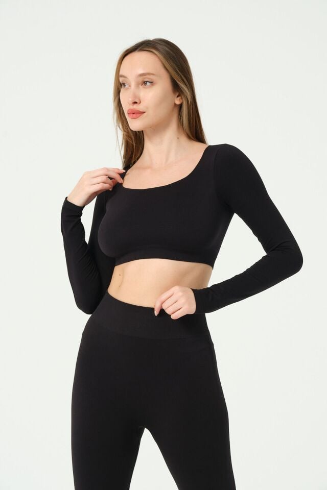Kare Yaka Uzun Kollu Crop Top Seamless