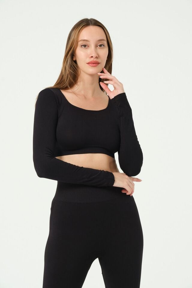 Kare Yaka Uzun Kollu Crop Top Seamless