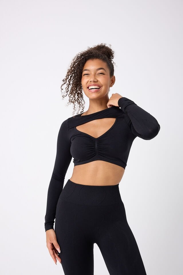 Uzun Kollu Önü Açık Crop Top