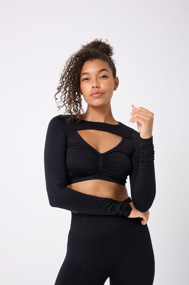 Uzun Kollu Önü Açık Crop Top