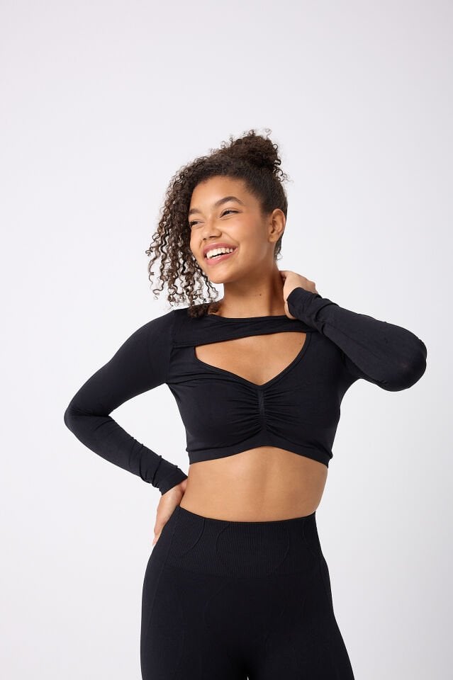 Kadın Uzun Kollu Göğsü Açık Dikişsiz Crop Top