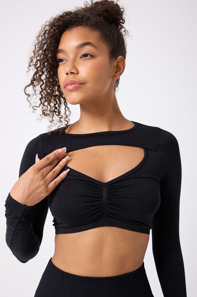 Uzun Kollu Önü Açık Crop Top