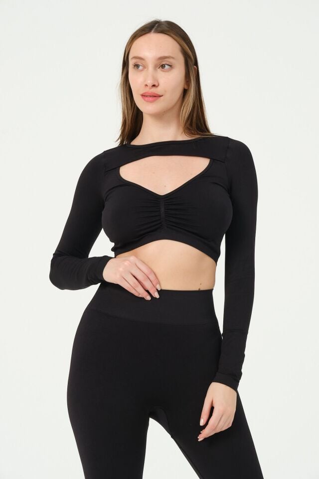 Uzun Kollu Önü Açık Crop Top
