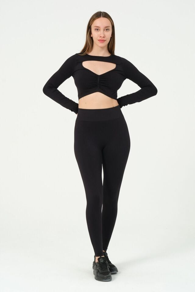 Uzun Kollu Önü Açık Crop Top