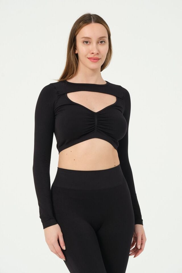 Uzun Kollu Önü Açık Crop Top