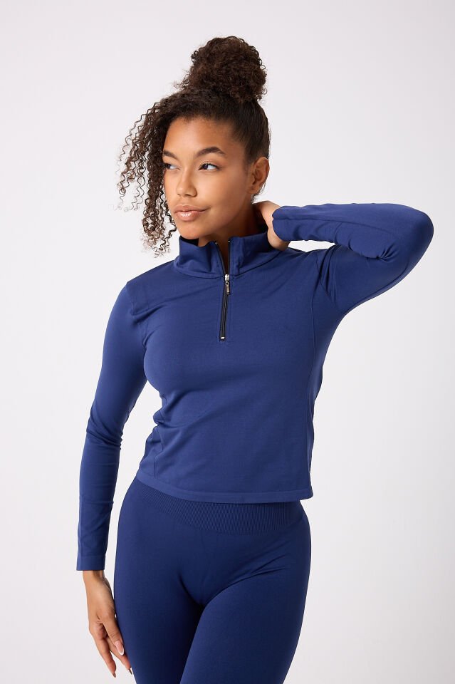 Fermuarlı Uzun Kollu Crop Top