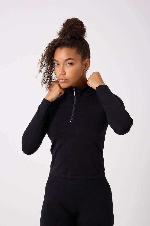 Fermuarlı Uzun Kollu Crop Top