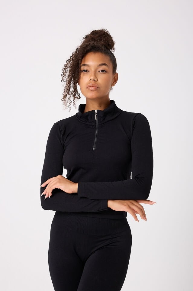 Fermuarlı Uzun Kollu Crop Top