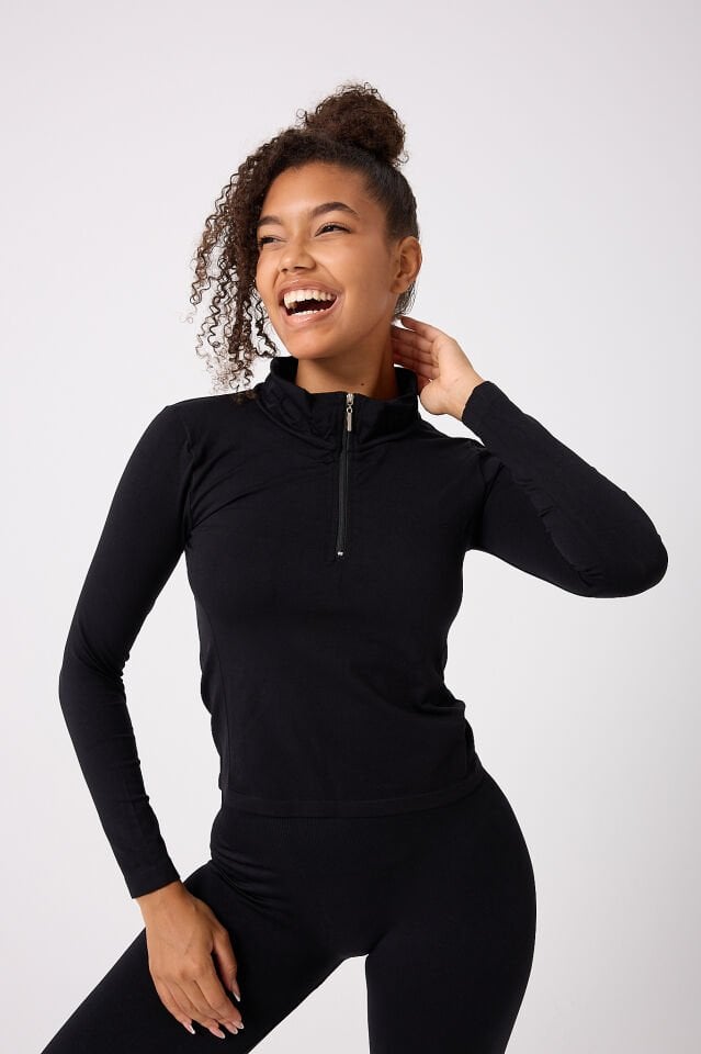 Fermuarlı Spor Crop Top Dikişsiz