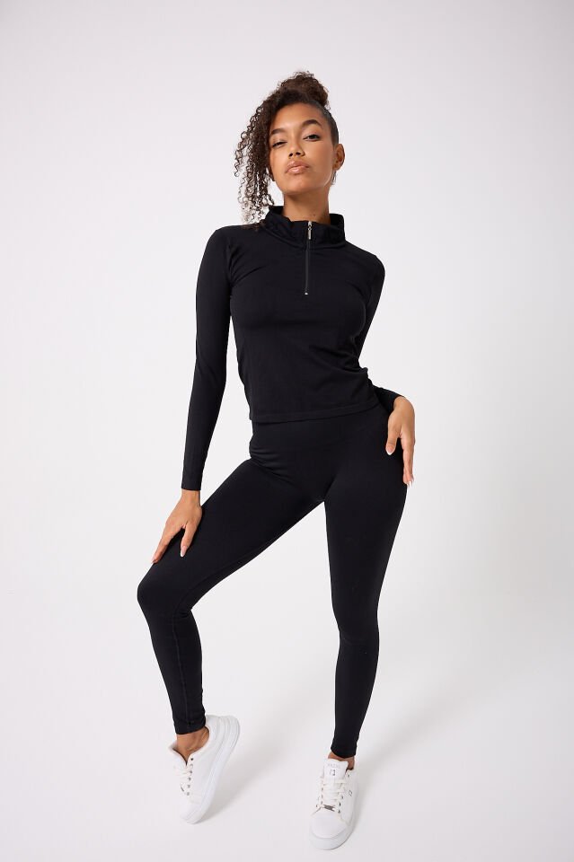 Fermuarlı Uzun Kollu Crop Top