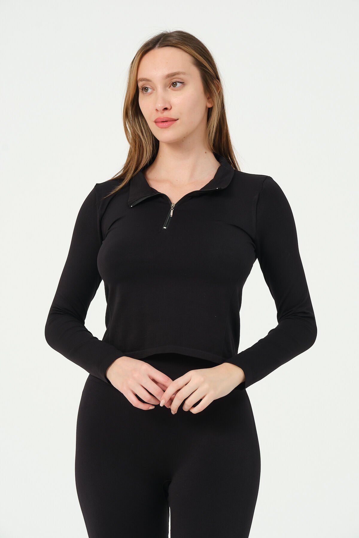 Fermuarlı Uzun Kollu Crop Top