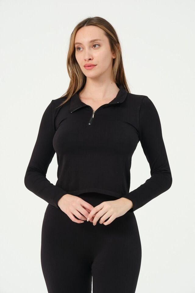 Fermuarlı Uzun Kollu Crop Top
