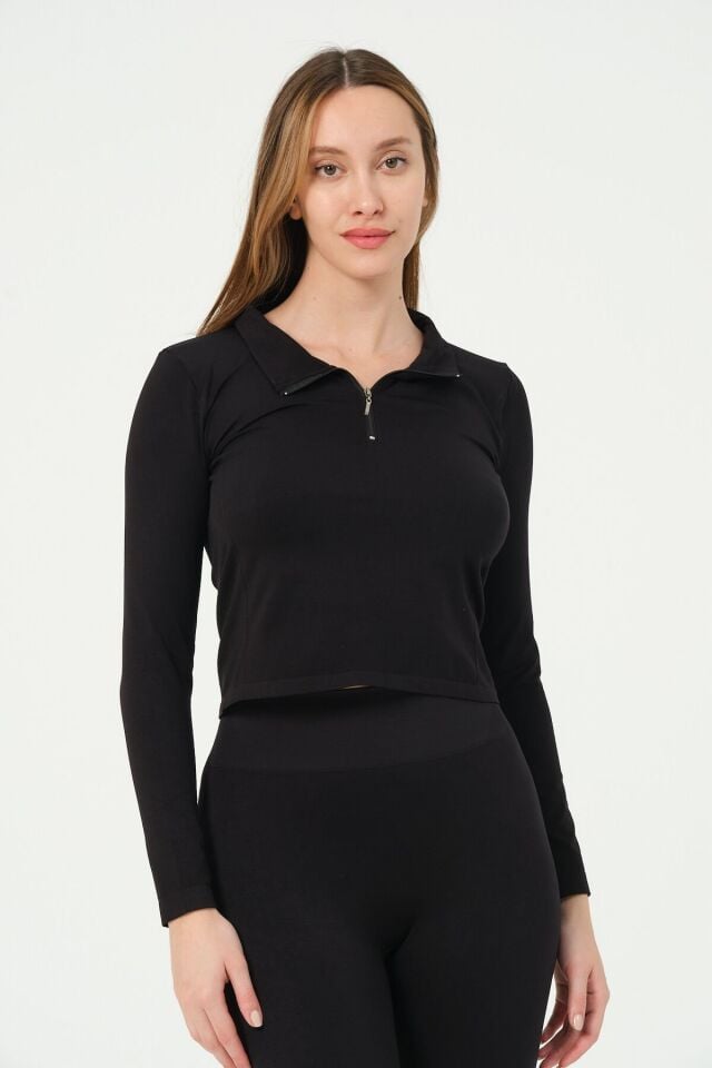 Fermuarlı Uzun Kollu Crop Top