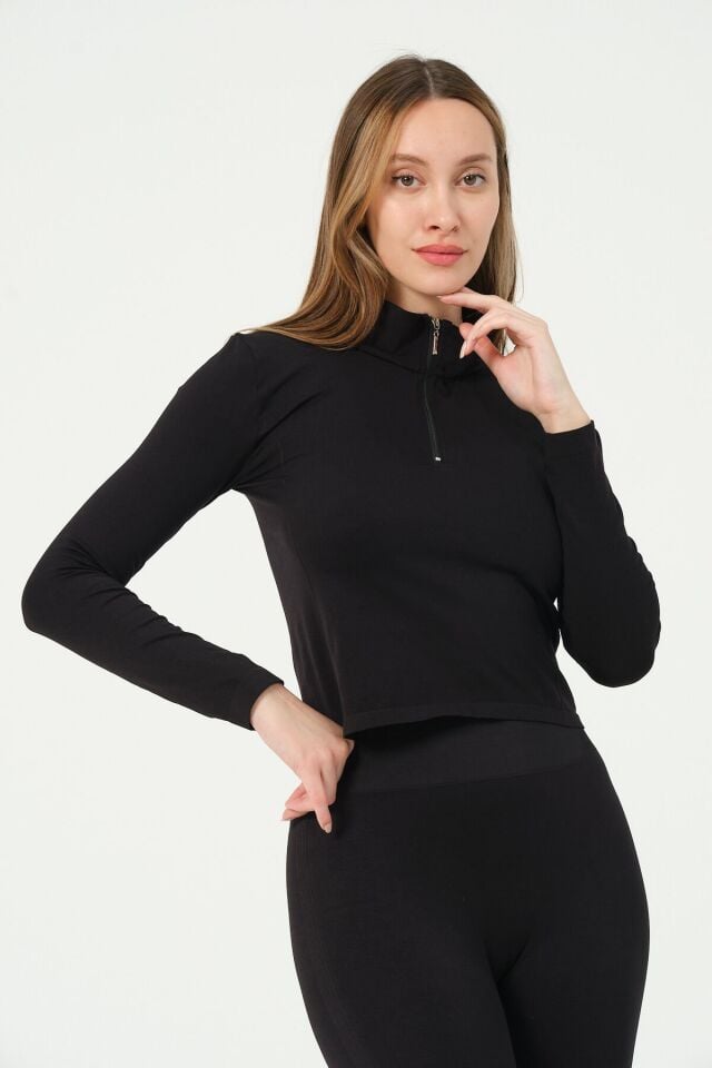 Fermuarlı Uzun Kollu Crop Top