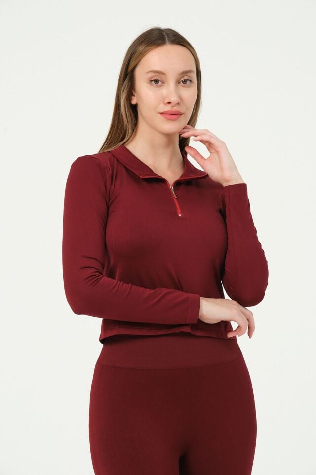 Fermuarlı Uzun Kollu Crop Top