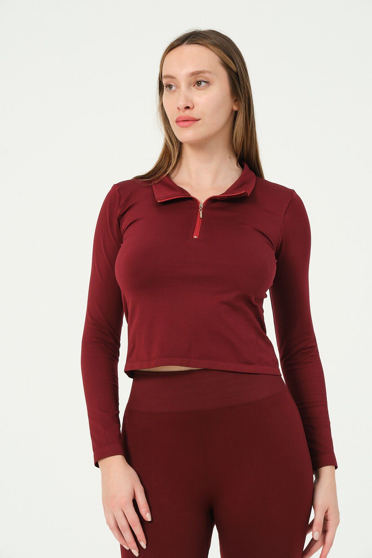 Fermuarlı Uzun Kollu Crop Top