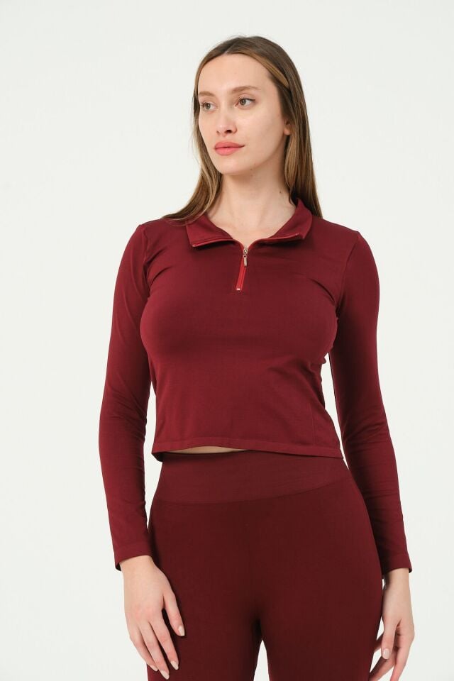 Fermuarlı Spor Crop Top Dikişsiz