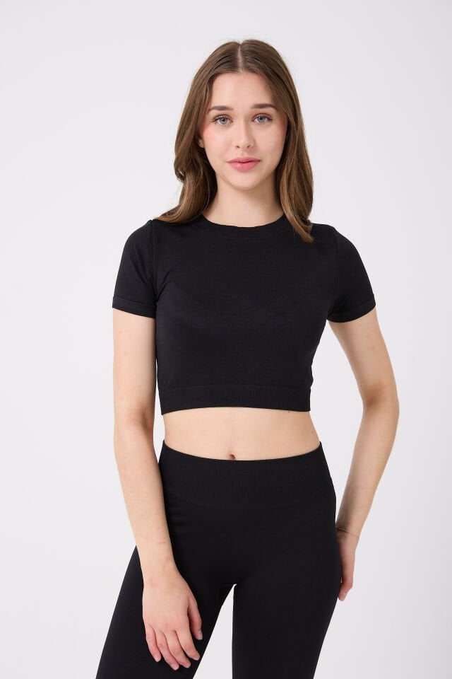 Kadın Kısa Kollu Esnek Basic Crop T-Shirt