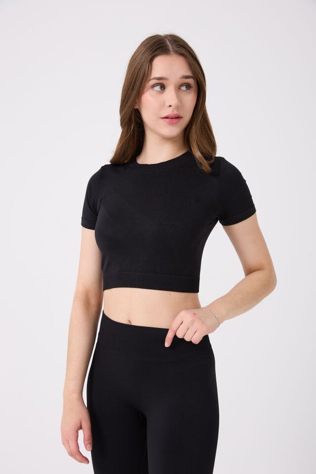 Kadın Kısa Kollu Esnek Basic Crop T-Shirt