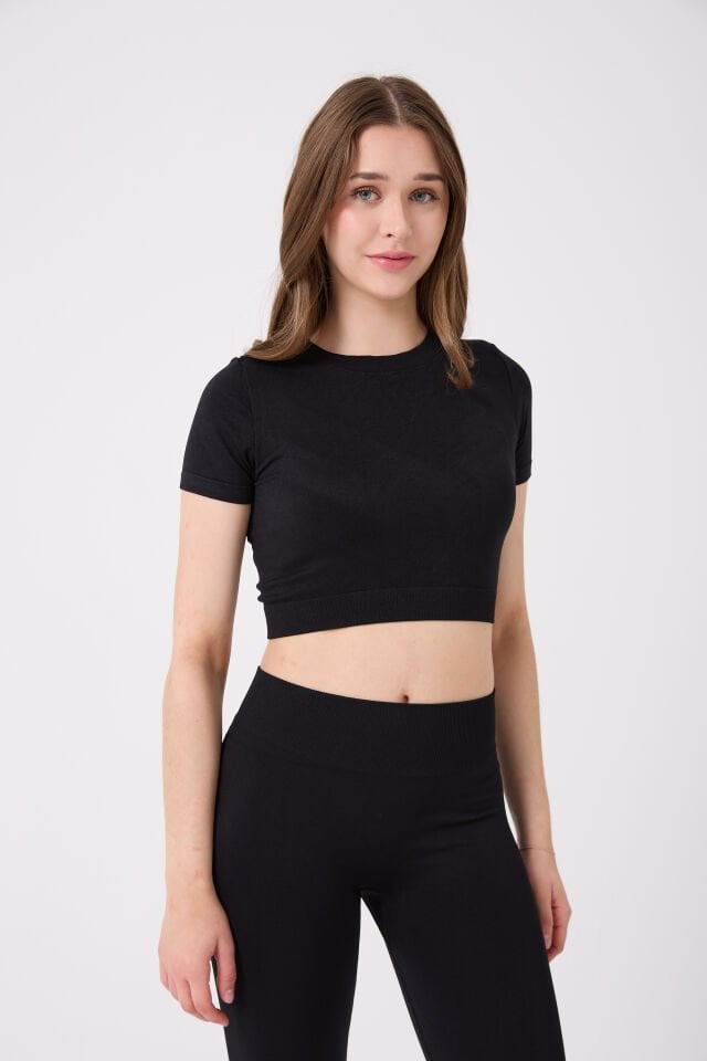 Kadın Kısa Kollu Esnek Basic Crop T-Shirt