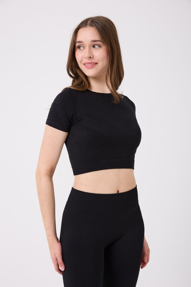 Kadın Kısa Kollu Esnek Basic Crop T-Shirt