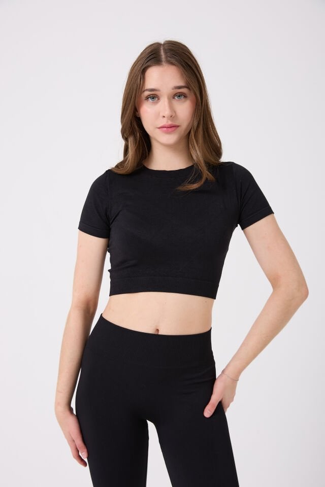 Kadın Kısa Kollu Esnek Basic Crop T-Shirt