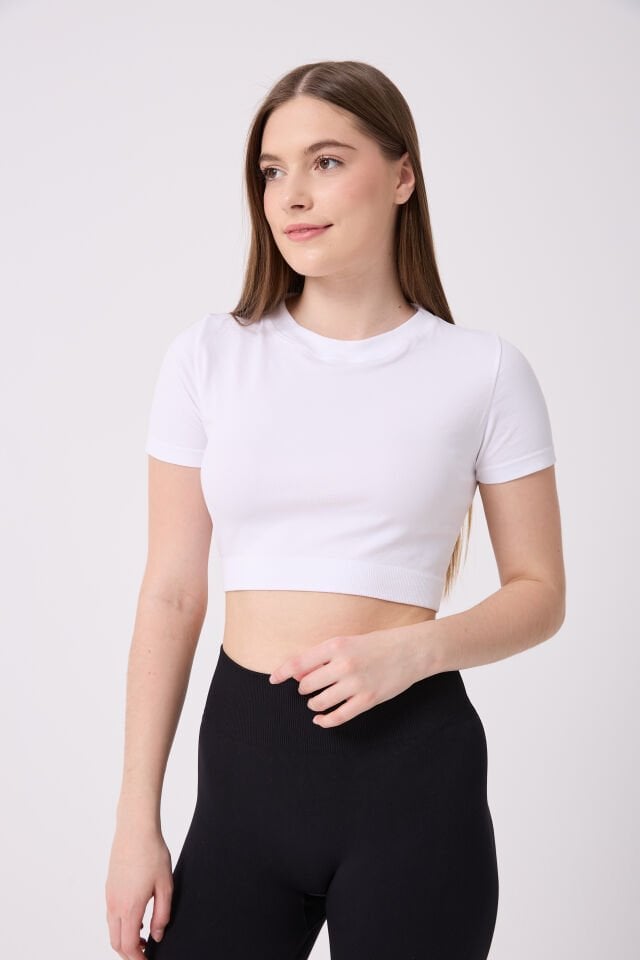 Kadın Kısa Kollu Esnek Basic Crop T-Shirt