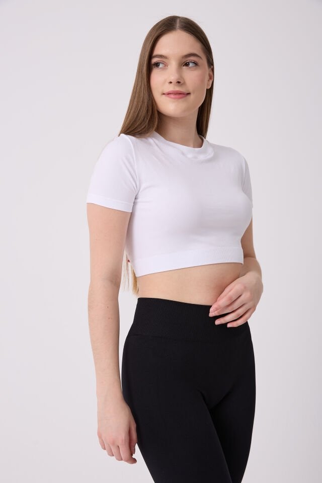 Kadın Kısa Kollu Esnek Basic Crop T-Shirt