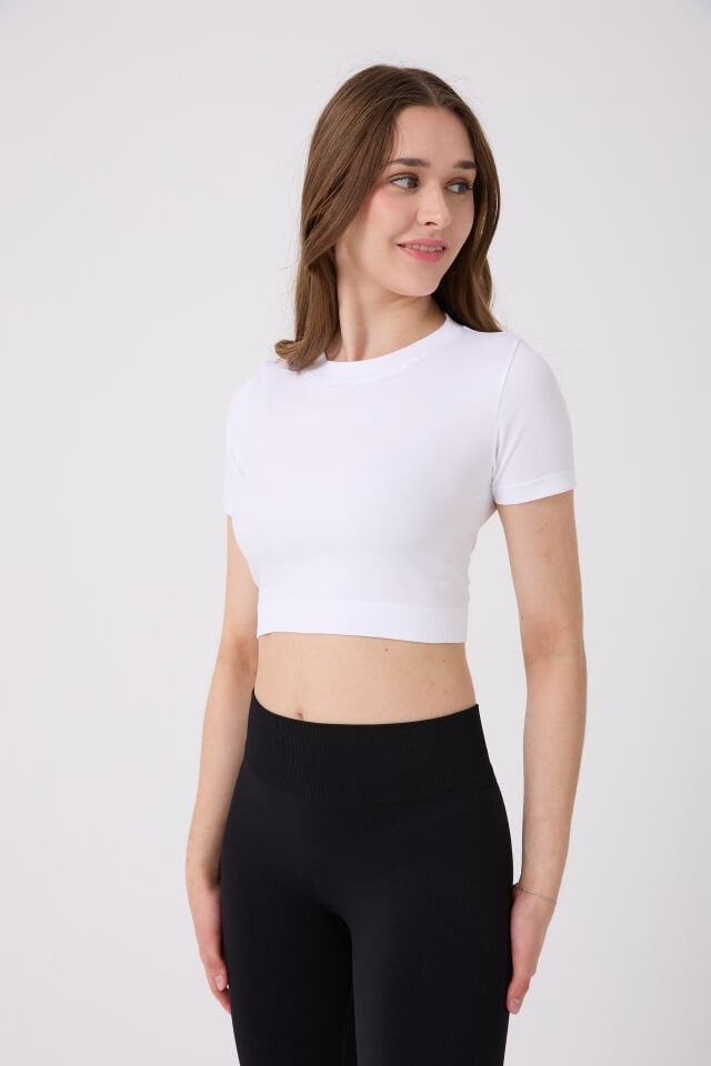 Kadın Kısa Kollu Esnek Basic Crop T-Shirt