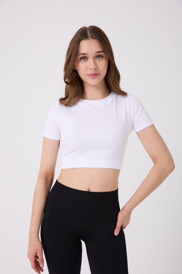 Kadın Kısa Kollu Esnek Basic Crop T-Shirt