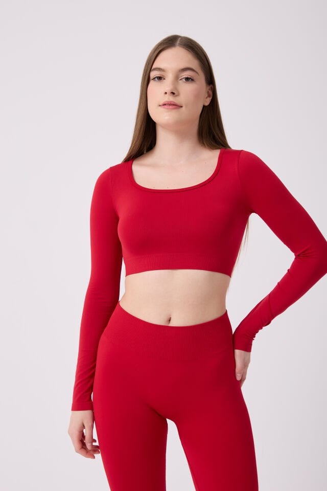 Kare Yaka Uzun Kollu Crop Top Seamless