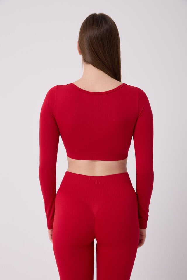 Kare Yaka Uzun Kollu Crop Top Seamless
